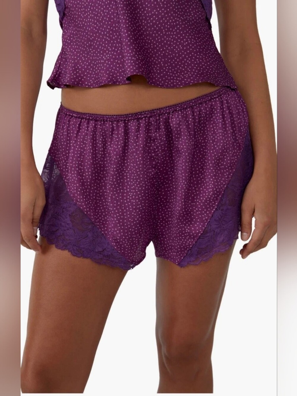 NEW! Inimately Free People Dotted Lace Trim Pajama Shorts XS Grape Purple